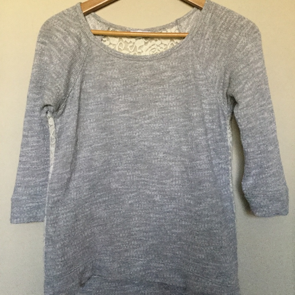 Express Extra Small Heather Gray Baseball Tee with Floral Crochet Back